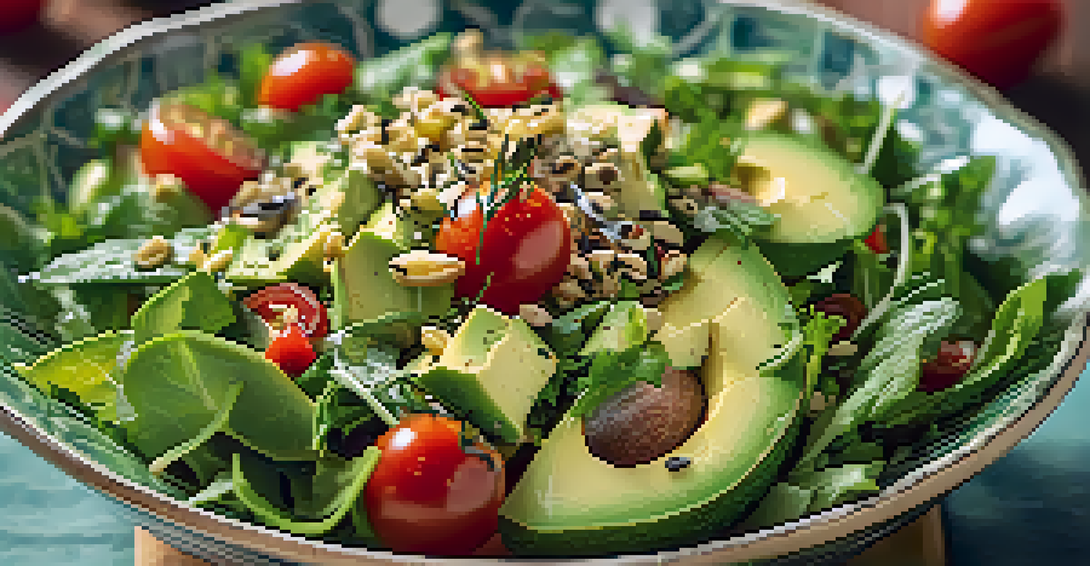 A close-up of a colorful, fresh salad in a patterned bowl, showcasing greens, tomatoes, and avocado.
