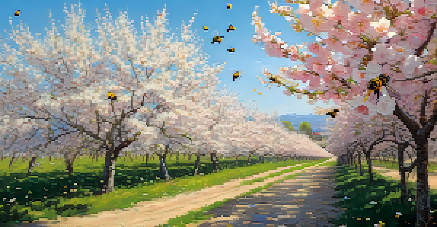 An orchard with blooming fruit trees and bees, focusing on a bee pollinating a cherry blossom.