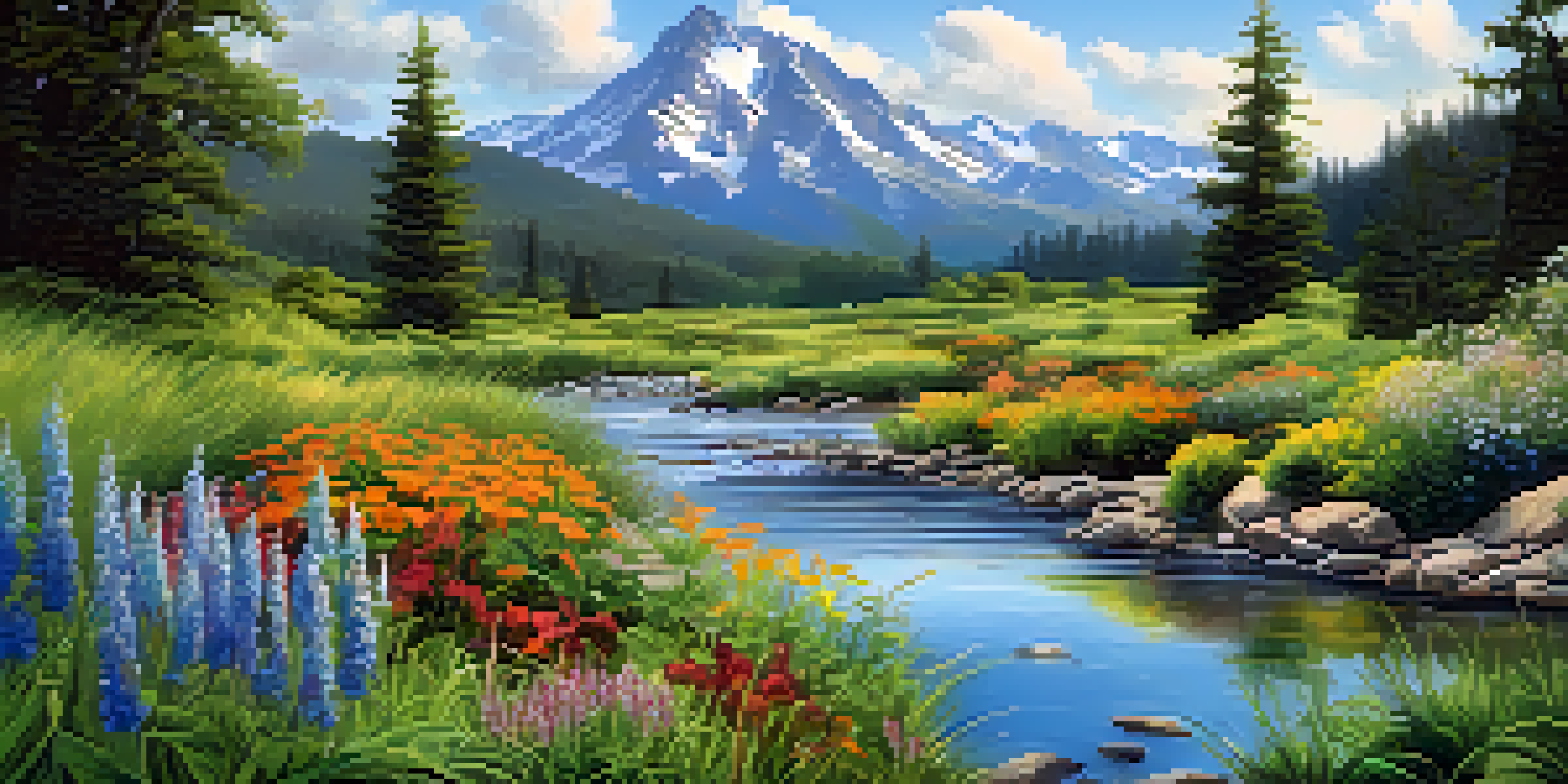 A colorful landscape with wildflowers and lush green plants surrounding a stream, set against mountains under a blue sky.