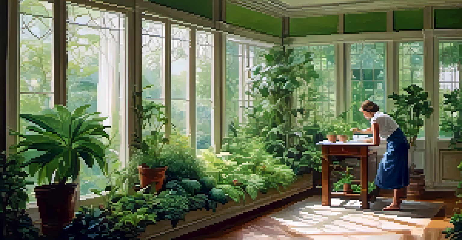 A gardener watering vibrant indoor plants with Epsom salt solution in a brightly lit room.