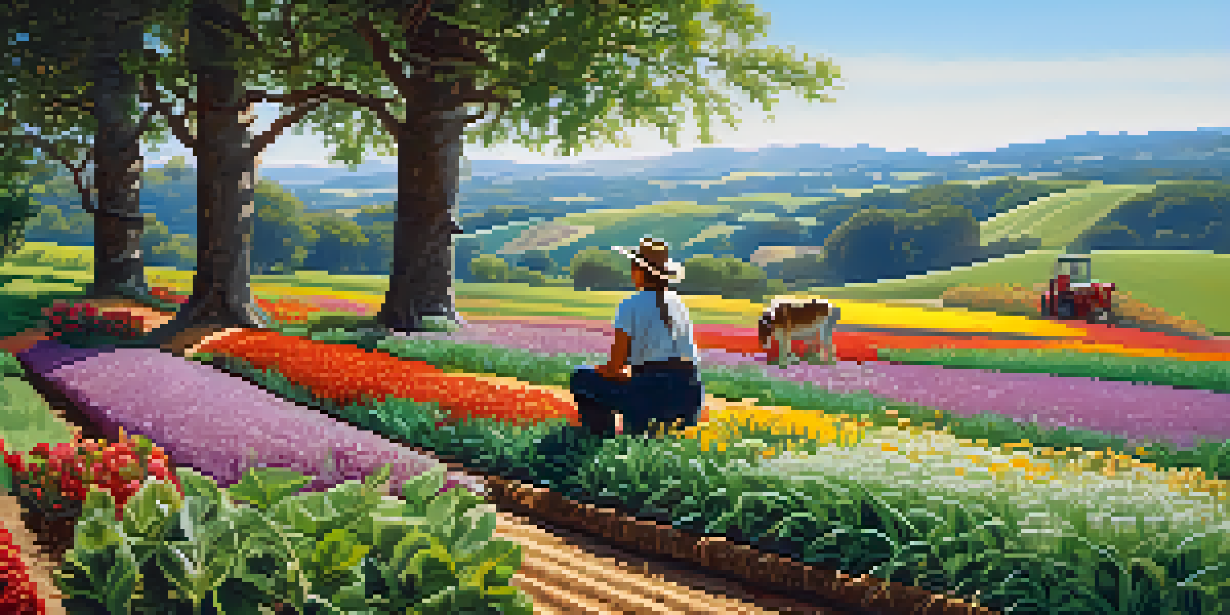 A farmer inspecting native plants in a colorful field under bright sunlight with hills and a blue sky in the background.