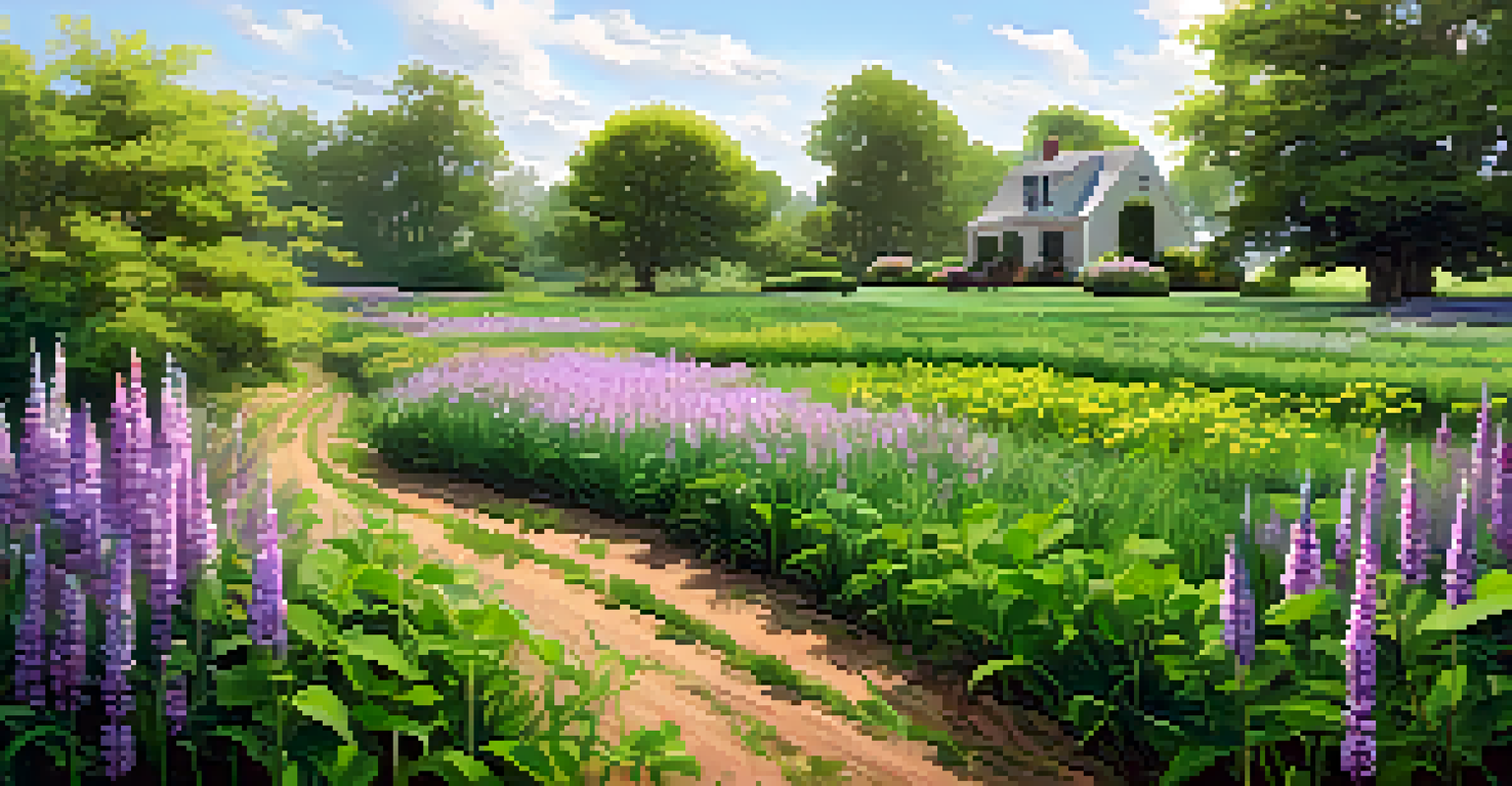A peaceful garden with rows of green cover crops like clover and vetch, attracting butterflies in a spring setting.
