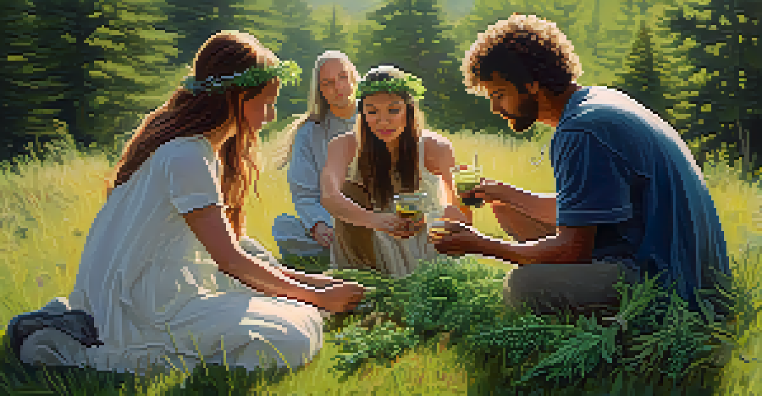 A peaceful gathering celebrating the Summer Solstice, with people making herbal wreaths and enjoying herbal teas in a sunlit meadow.