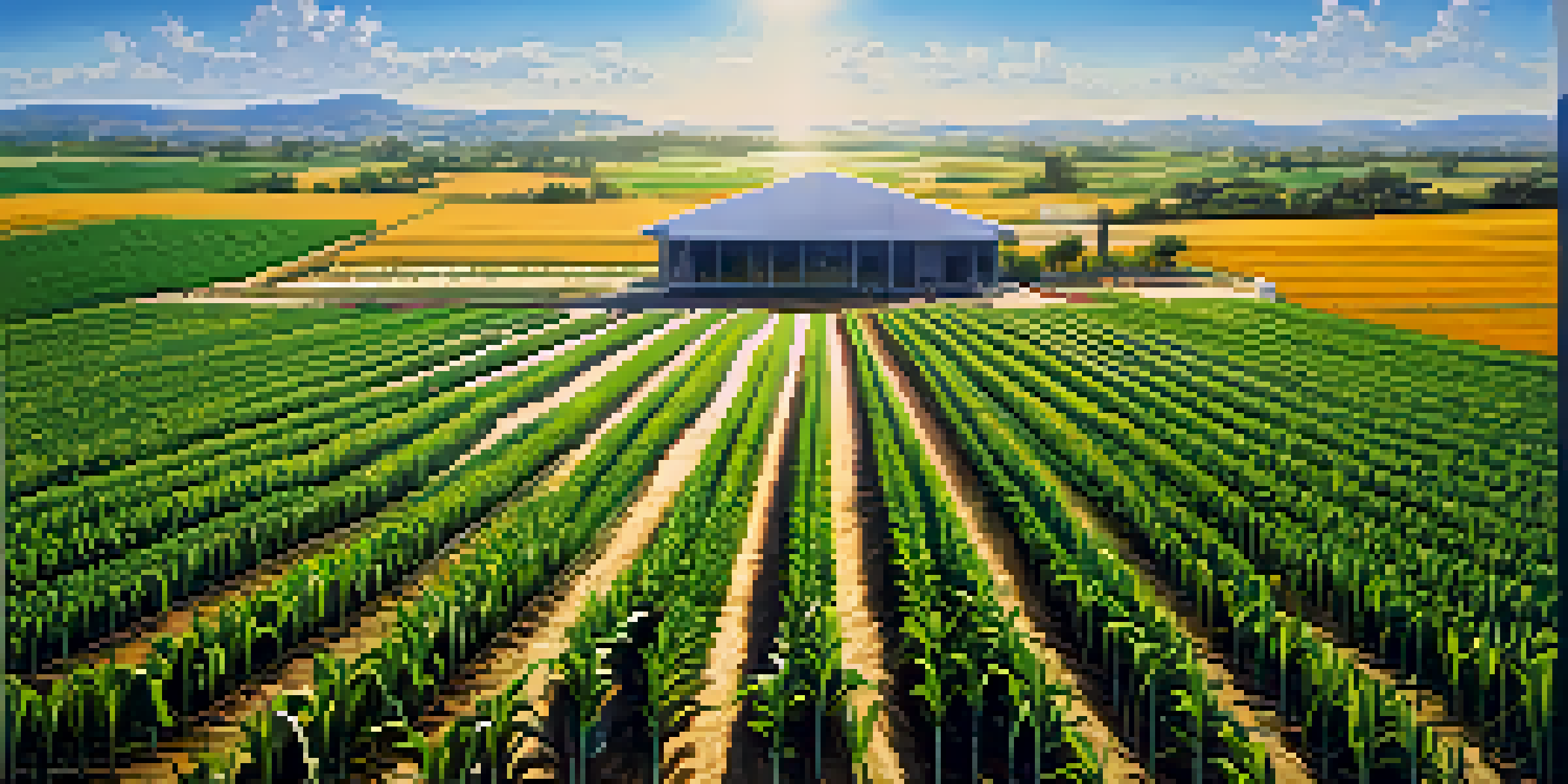 An agricultural field with rows of corn and sugarcane, featuring solar panels in the foreground under a clear blue sky.