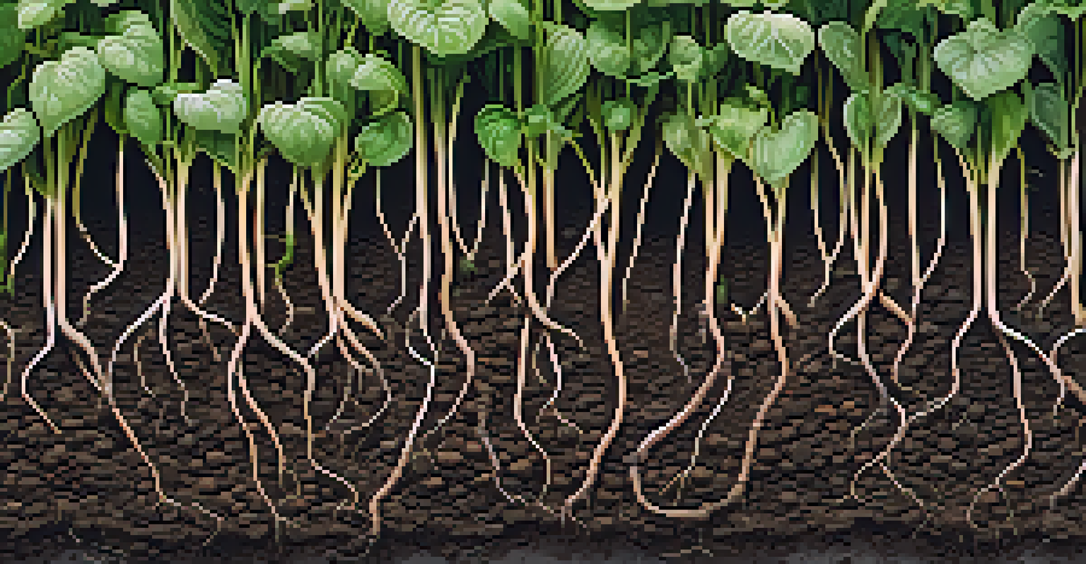A close-up view of healthy soil showcasing diverse root systems and rich organic matter, with natural lighting.