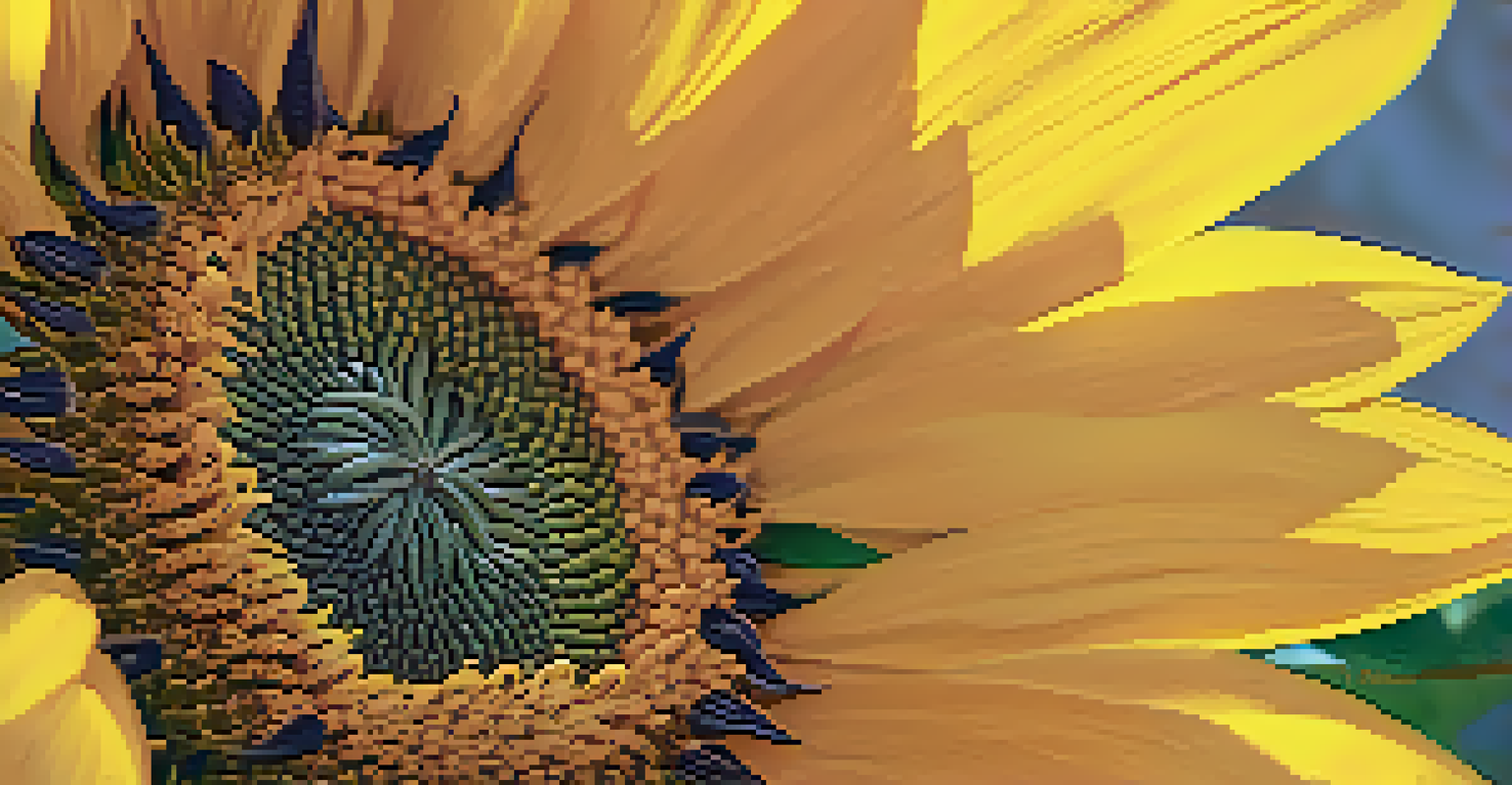 A close-up of a sunflower showing detailed seed patterns and vibrant petals in soft lighting.