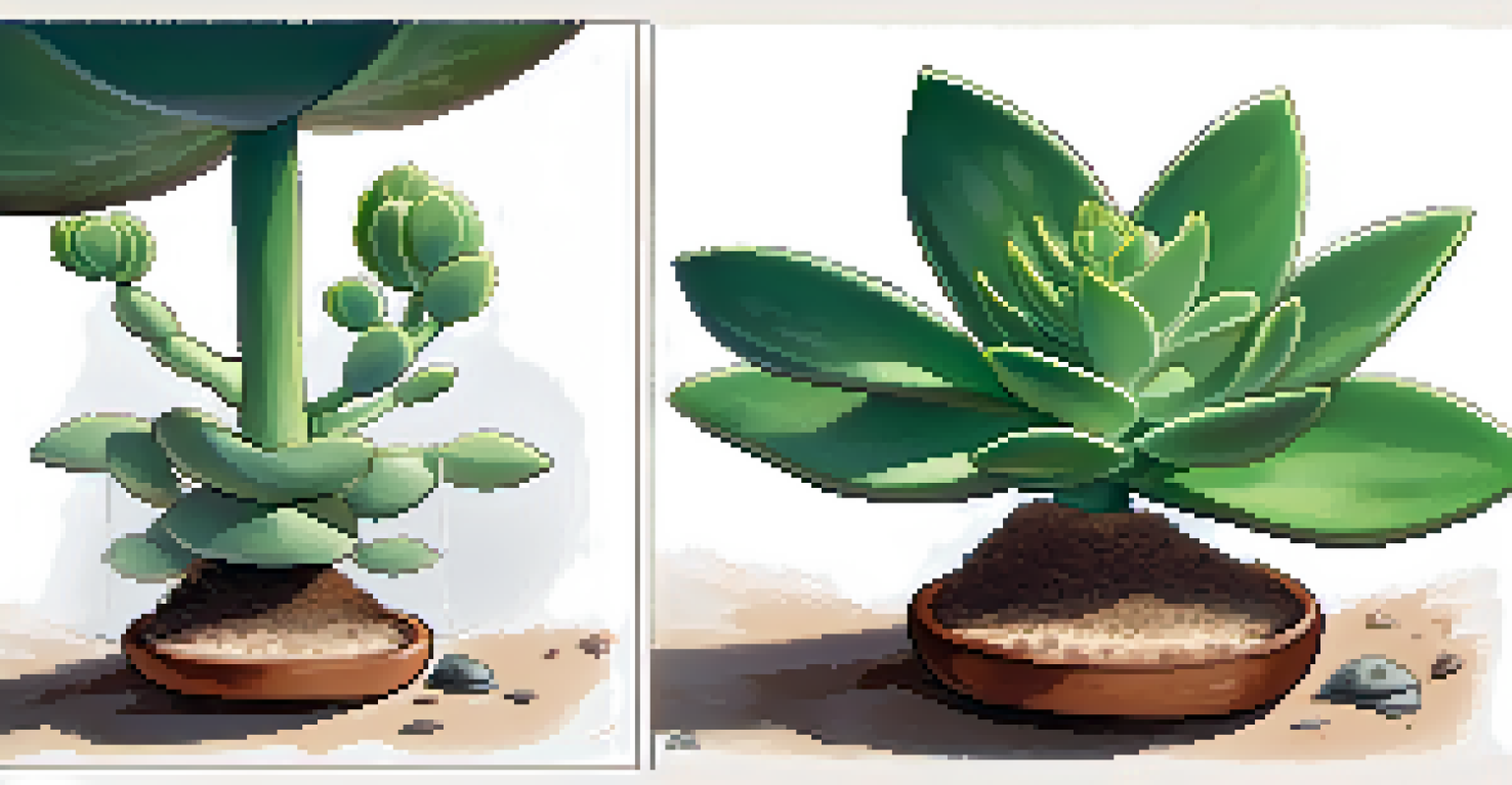 Illustrative steps of succulent propagation showing leaf cutting, drying, and planting in soil.