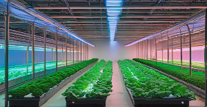 A close-up of healthy leafy greens illuminated by blue LED grow lights in a greenhouse, showcasing the plant textures and the surrounding layout.
