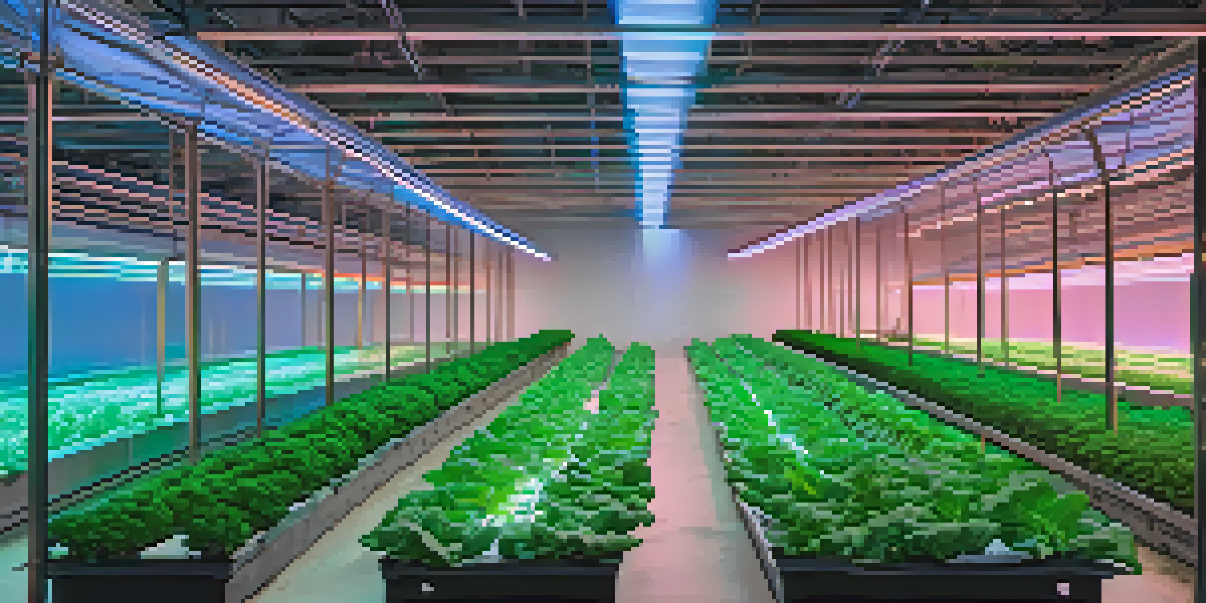 A close-up of healthy leafy greens illuminated by blue LED grow lights in a greenhouse, showcasing the plant textures and the surrounding layout.