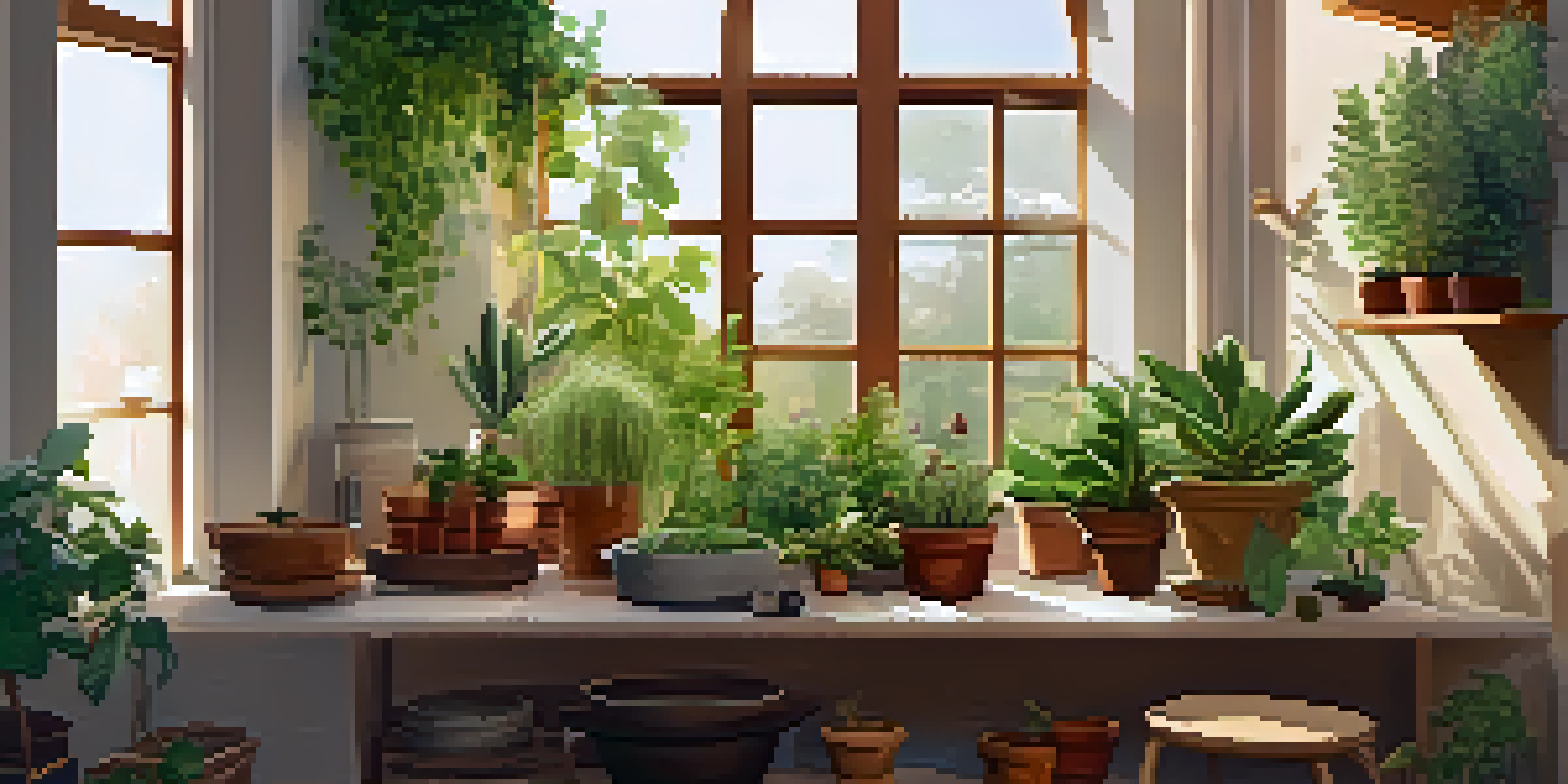 A cozy indoor space with a windowsill filled with plants and a small herb garden, illuminated by natural light.