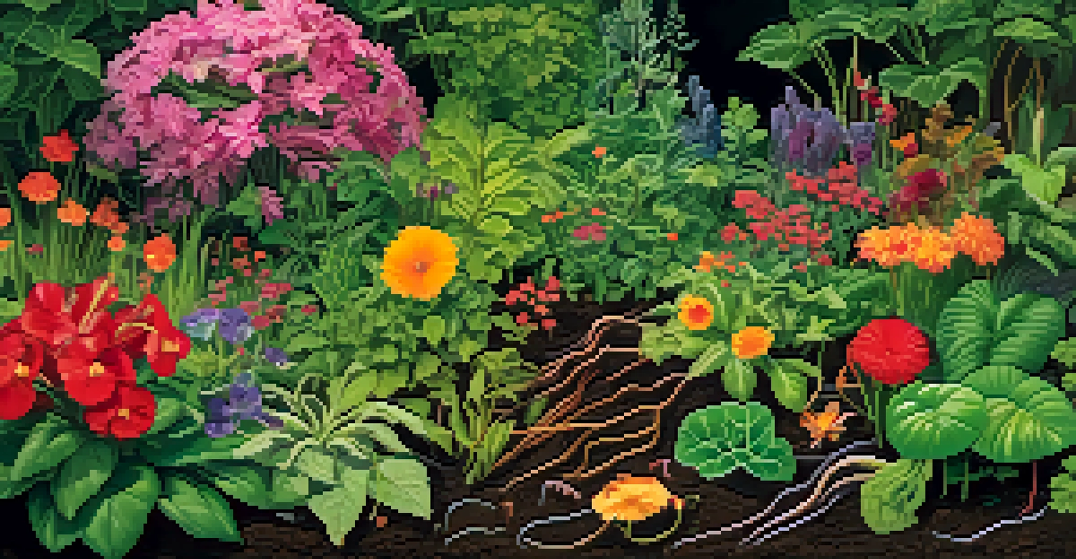 A colorful garden with various plants and flowers, showcasing rich soil and visible earthworms, indicating a healthy ecosystem.