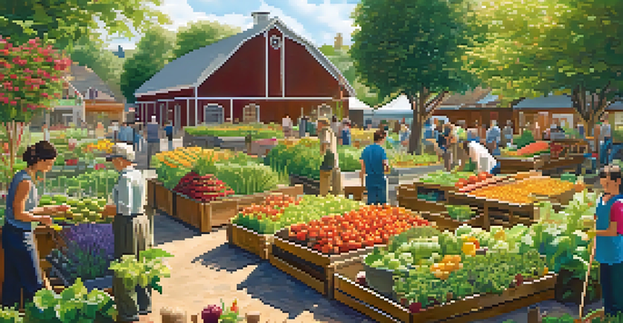 A lively community garden with diverse individuals planting and harvesting colorful fruits and vegetables under warm sunlight, with a city skyline in the background.