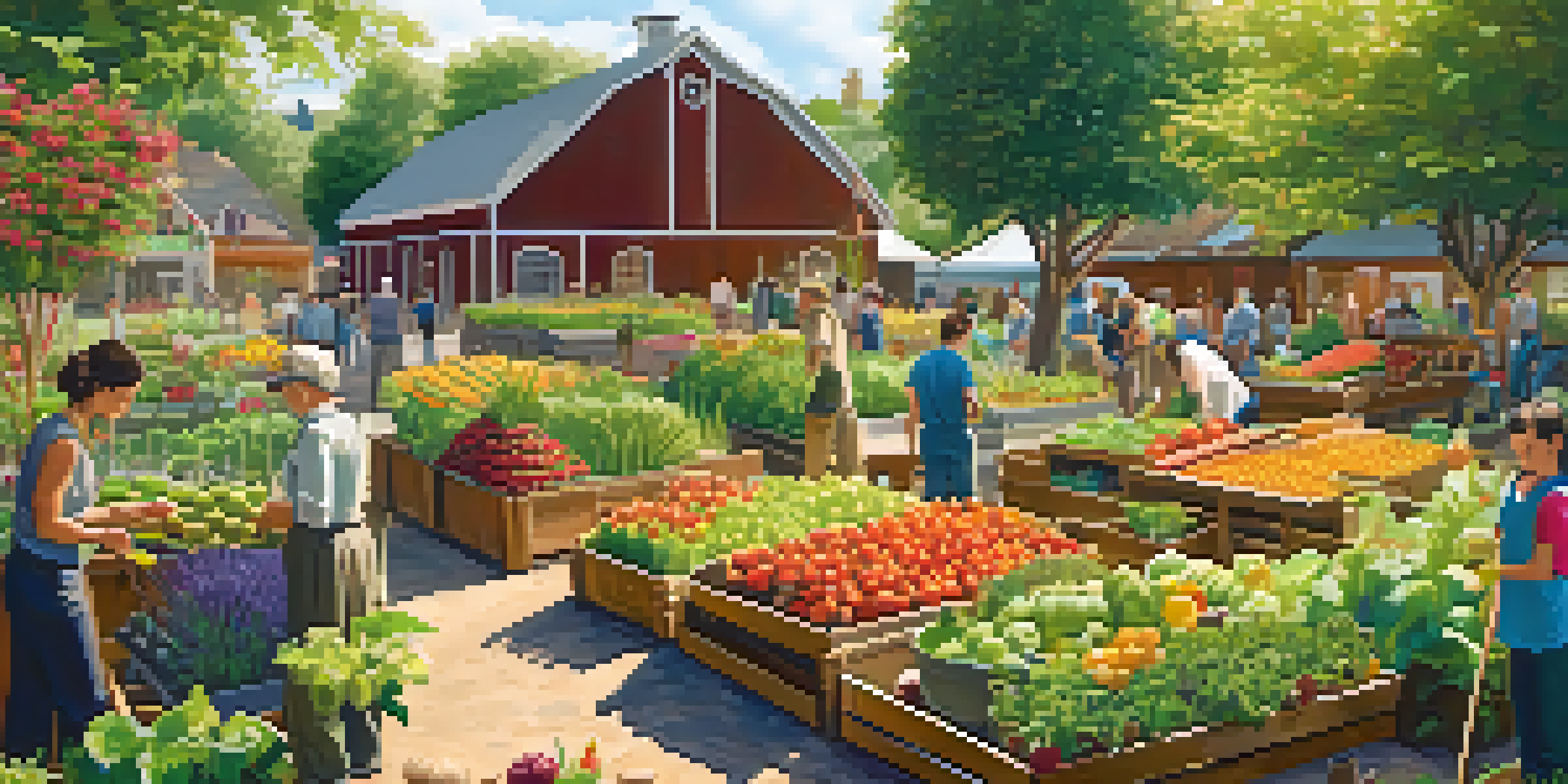 A lively community garden with diverse individuals planting and harvesting colorful fruits and vegetables under warm sunlight, with a city skyline in the background.