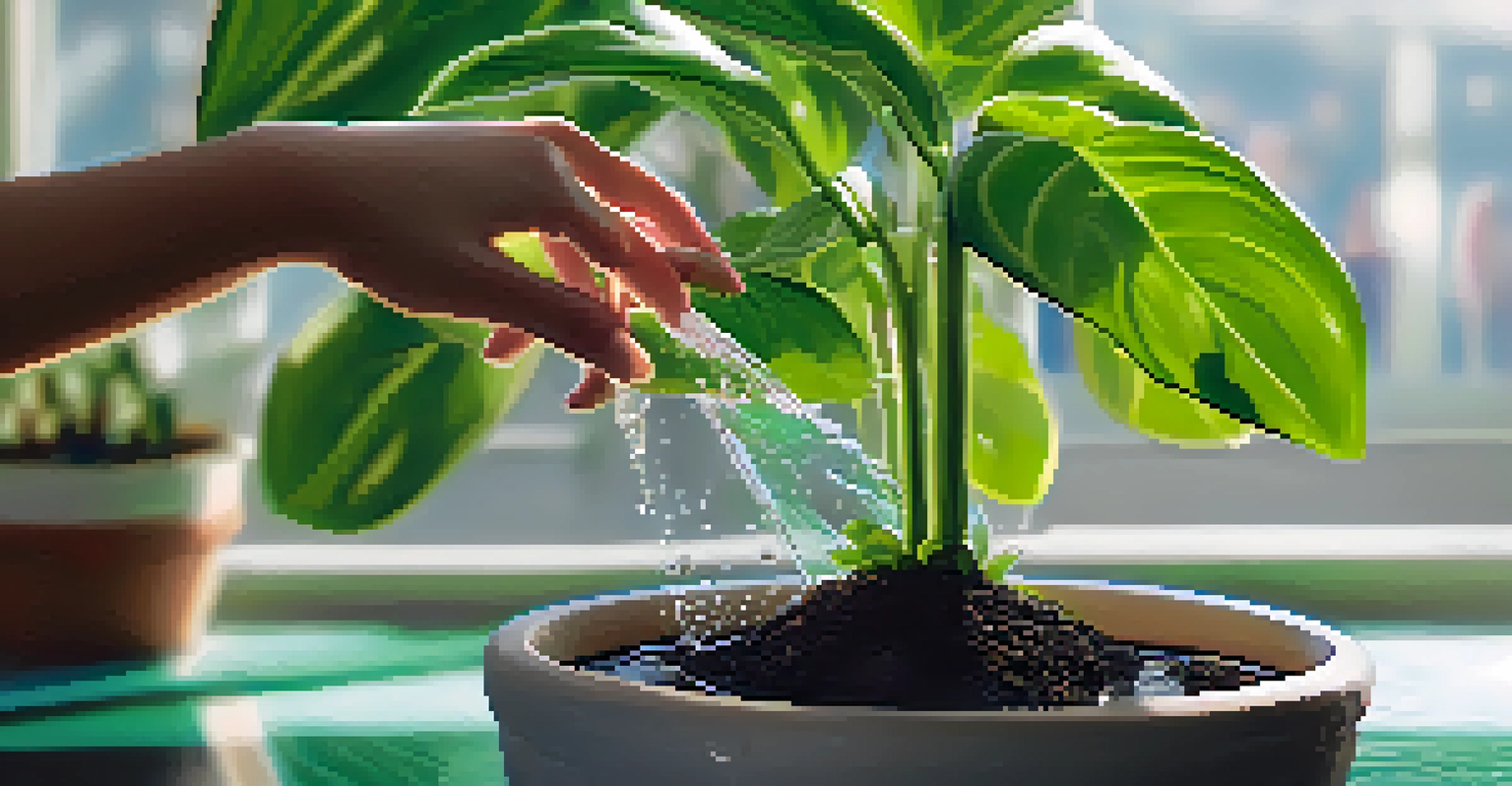 A close-up of a hand watering a green plant, with droplets of water on the leaves and a blurred background of various other plants.