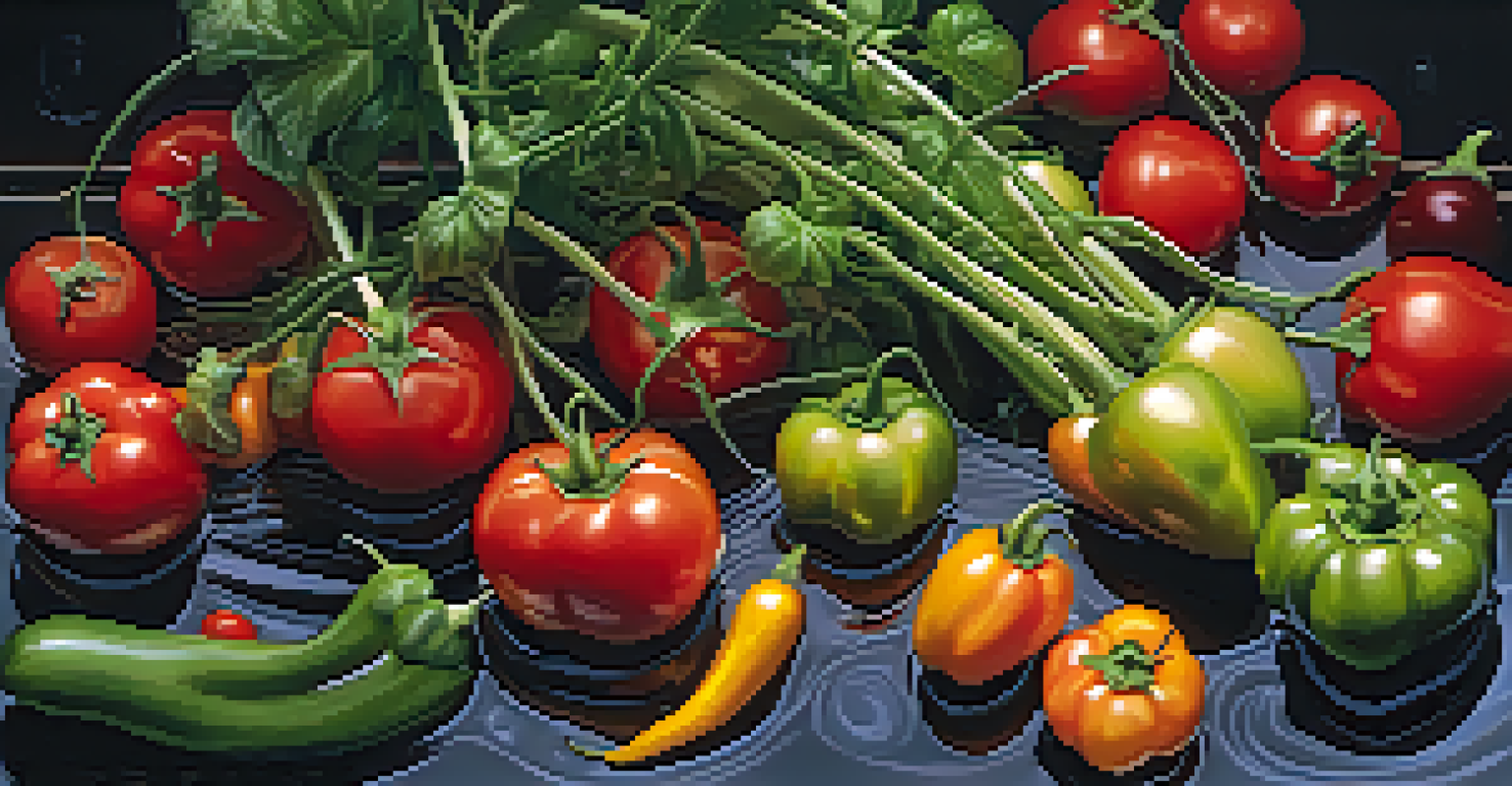 Close-up of a hydroponic system with colorful vegetables growing in nutrient-rich water, showcasing detailed plant roots.