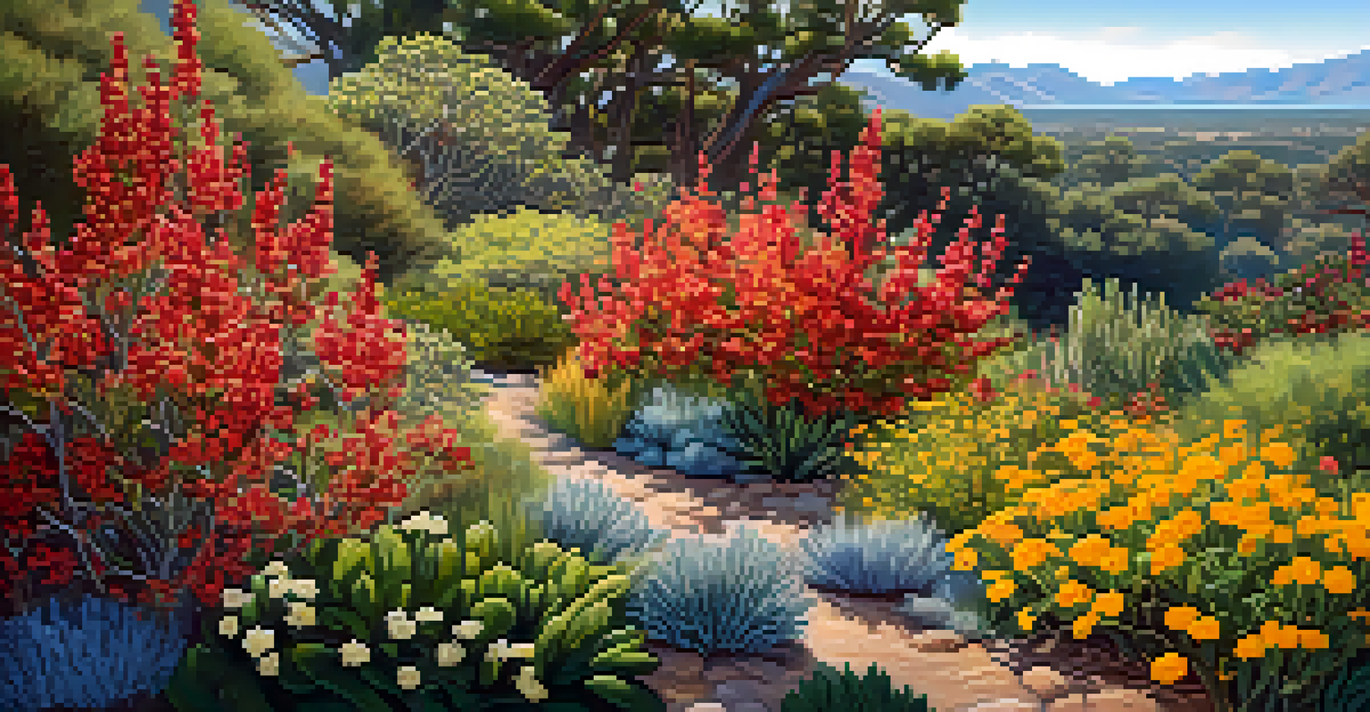 A colorful garden with fire-resistant plants like manzanita and wildflowers, arranged to create a natural barrier, under a bright blue sky.