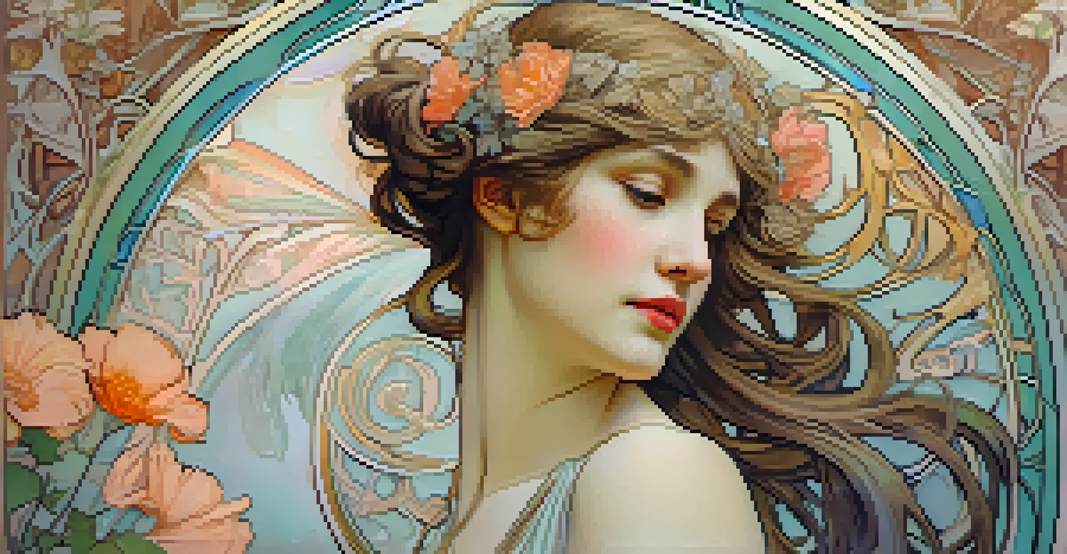 A close-up of an Art Nouveau poster depicting a woman with floral elements.