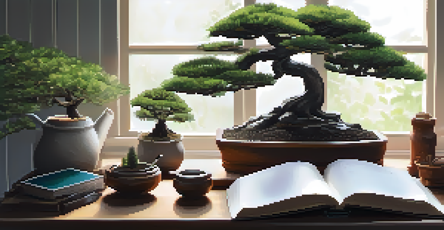 A bonsai tree in a ceramic pot on a rustic wooden shelf, with gardening tools and a notebook nearby, illuminated by warm natural light.