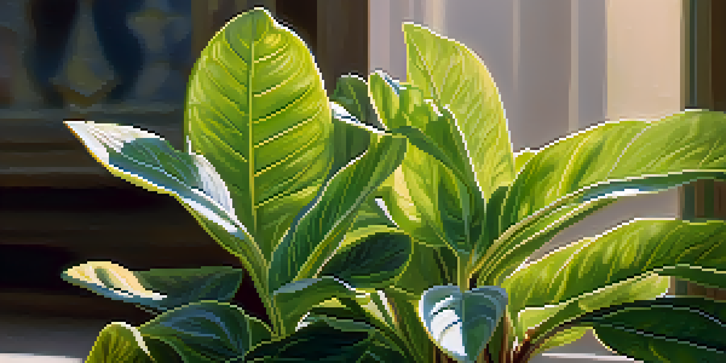 A close-up image of a healthy green plant with vibrant leaves, featuring a few yellowing leaves, indicating underwatering. The background is blurred with natural sunlight illuminating the plant.