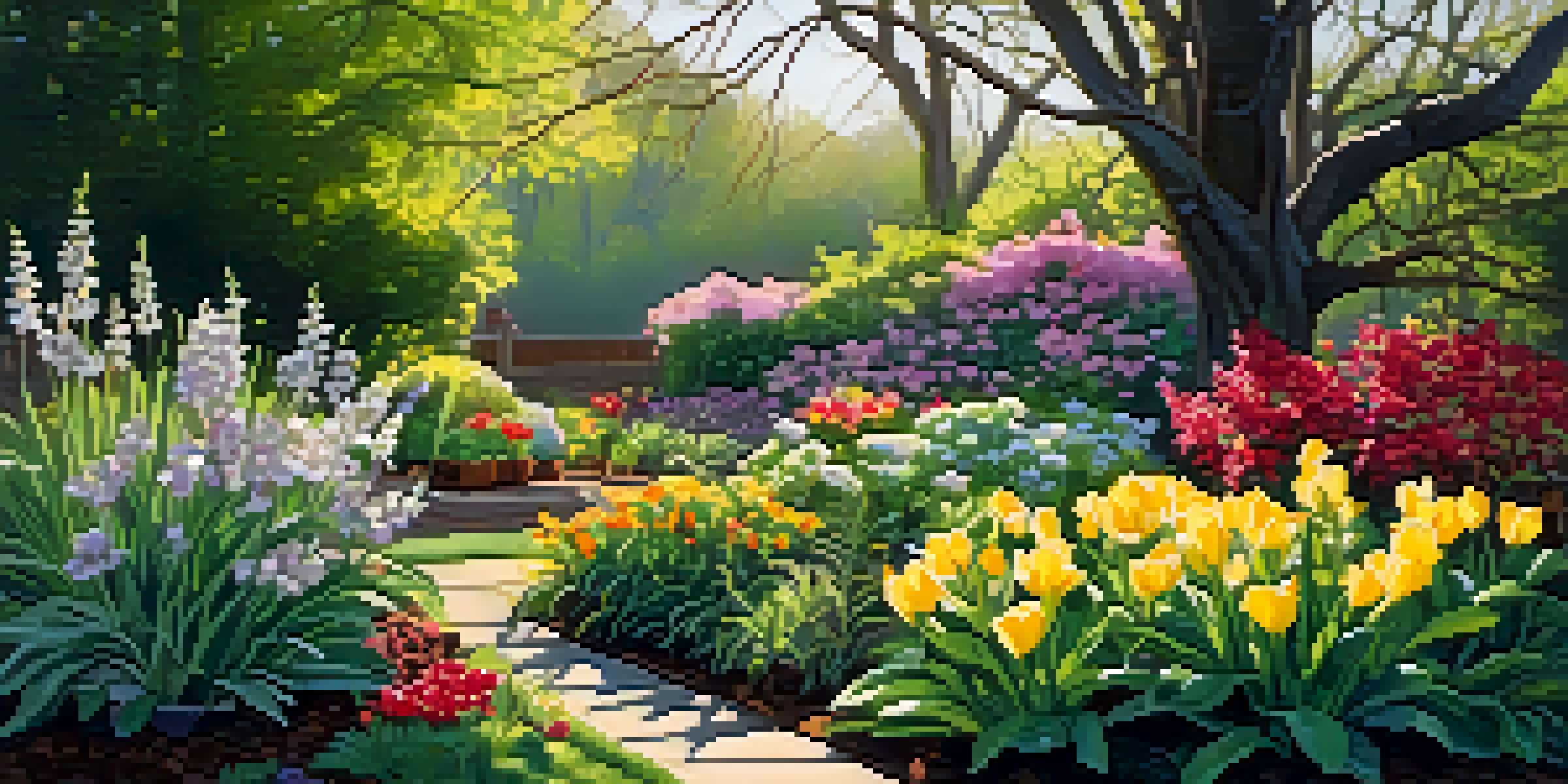 A bright spring garden with blooming flowers and fresh green leaves illuminated by morning sunlight.