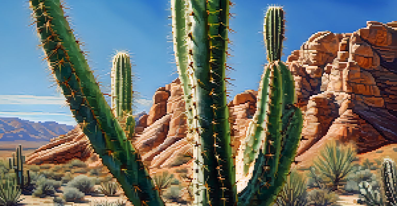 A close-up view of a desert cactus with thick skin and sharp spines, set against a clear blue sky and dry ground.