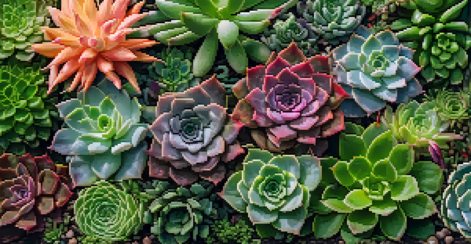 A detailed close-up of a vertical garden with various plants and dew drops, showcasing their textures.