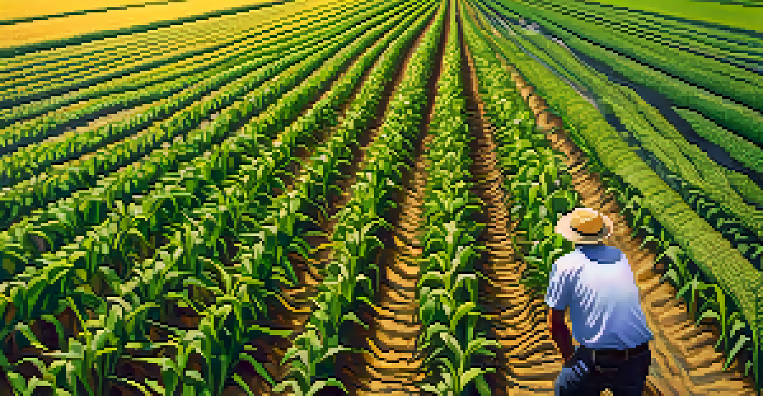 A farmer inspecting a field of diverse crops under a clear blue sky.