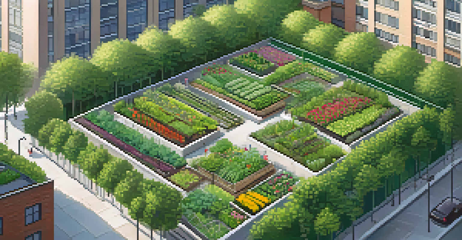 Aerial view of a vibrant community garden surrounded by concrete buildings, with green plants and flowers contrasting the city landscape.