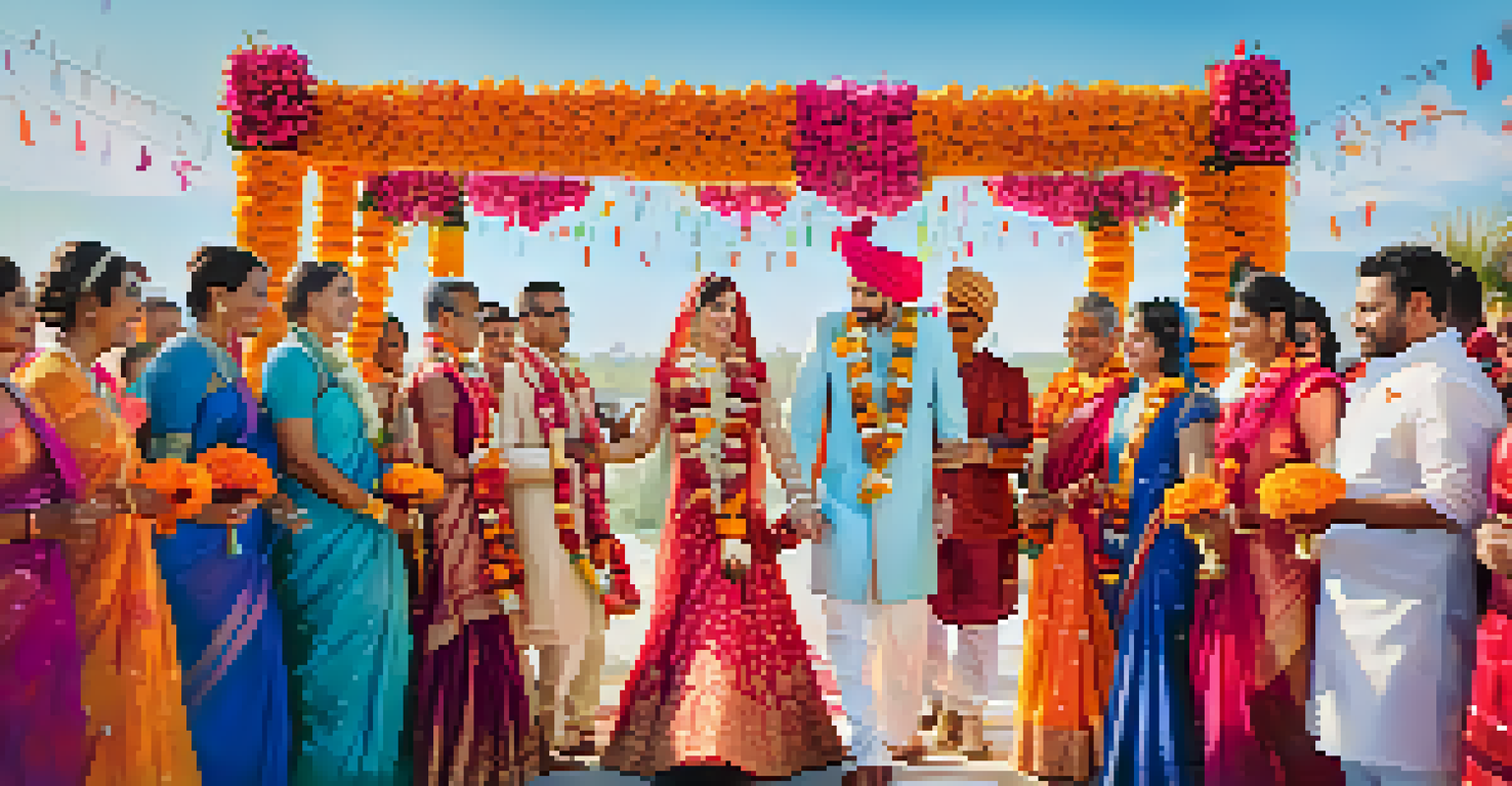A lively Hindu wedding ceremony with colorful flowers, traditional attire, and a decorated altar under a bright blue sky.