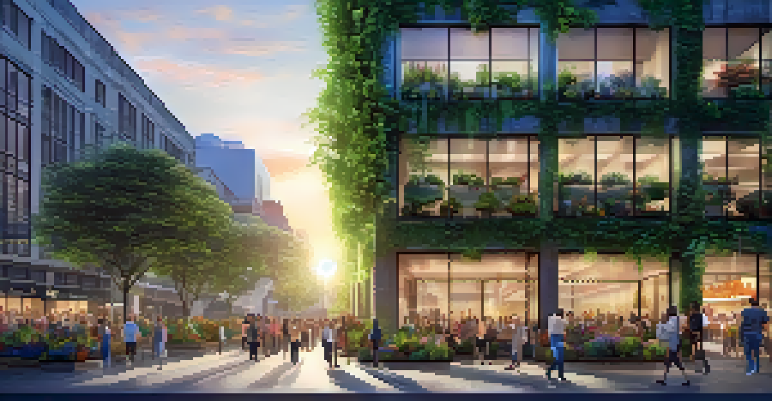 A busy city street with a large living wall on a commercial building, filled with greenery and flowers at sunset.