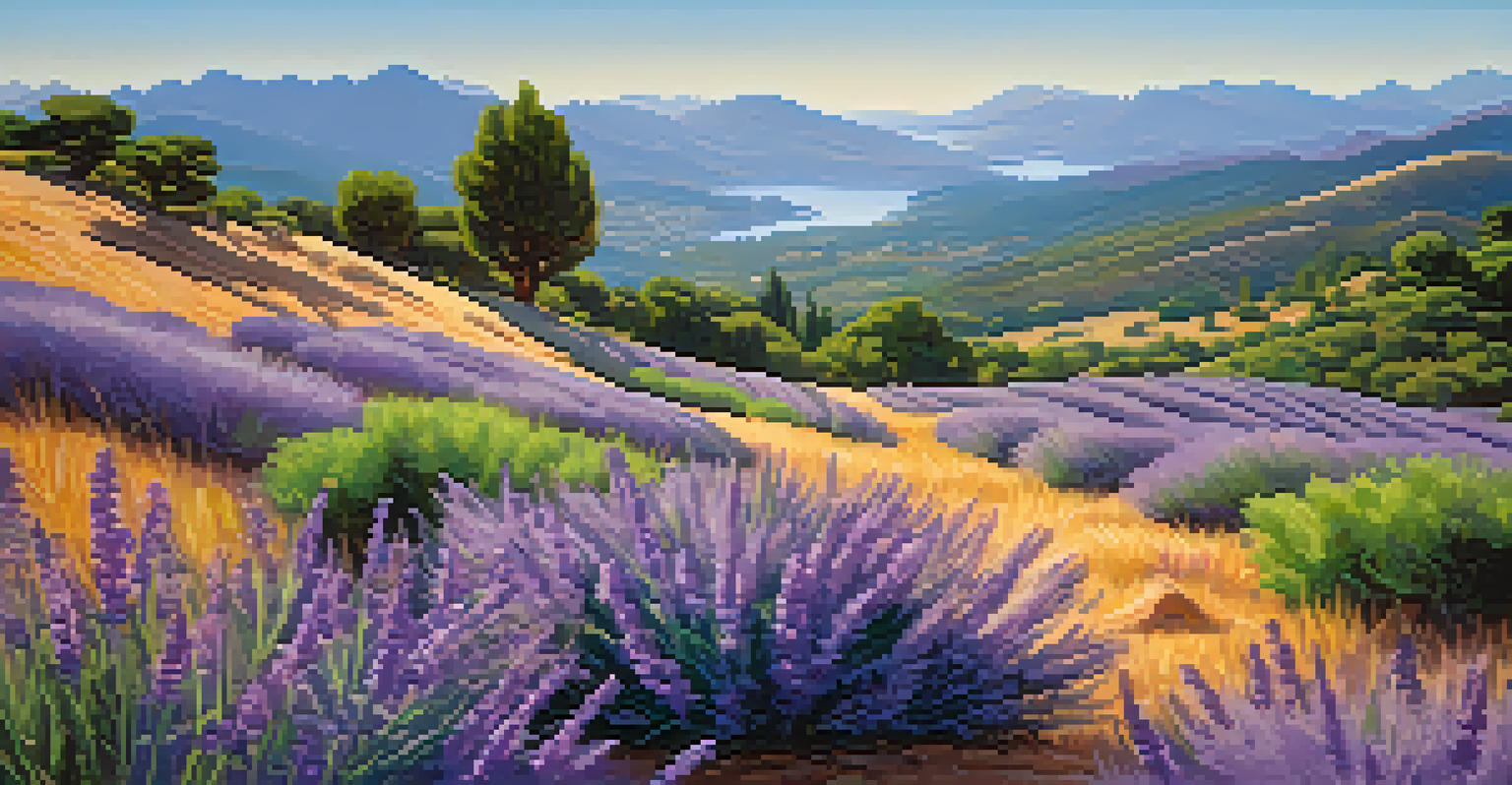 A landscape with clusters of fire-resistant plants like rosemary and lavender under a blue sky, showcasing their vibrant colors and thick leaves.