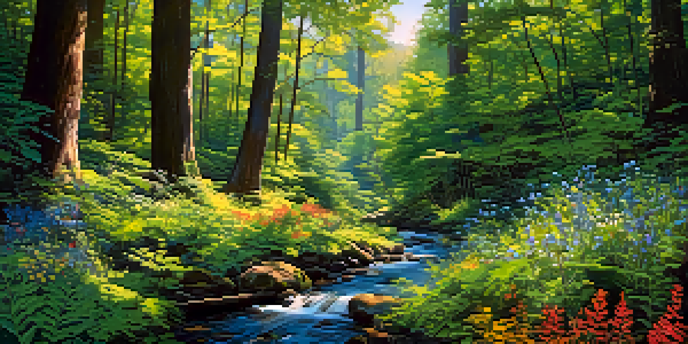 A vibrant forest filled with diverse trees and plants, sunlight filtering through the canopy onto the forest floor with a small stream.