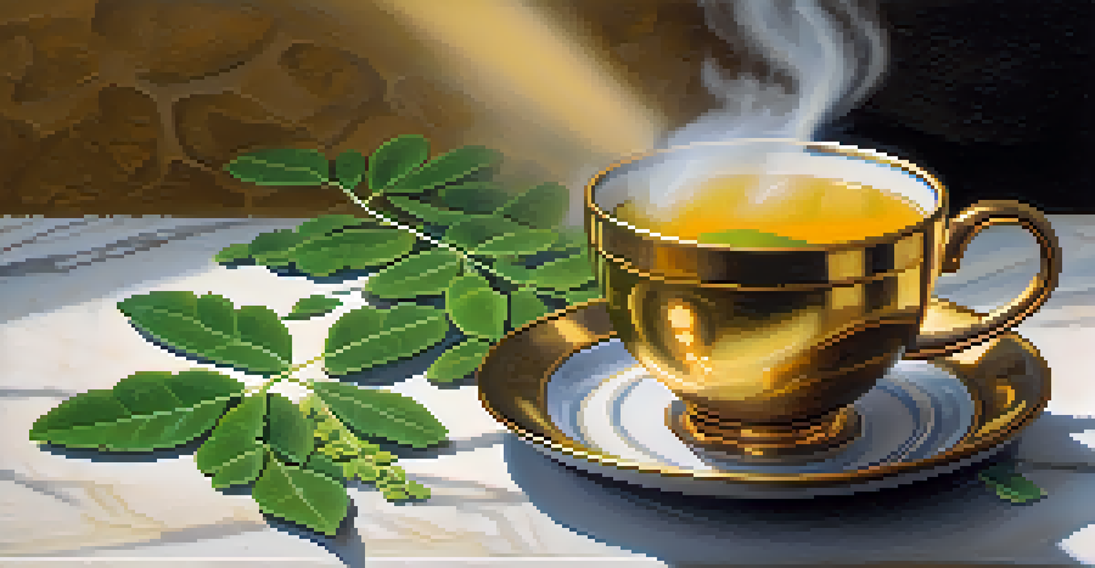 Cup of steaming Moringa tea on a marble countertop with loose leaves.