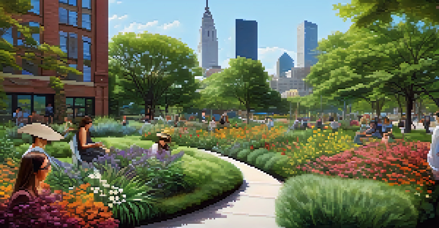 An urban park with native plants providing shade and beauty, with a city skyline in the background.