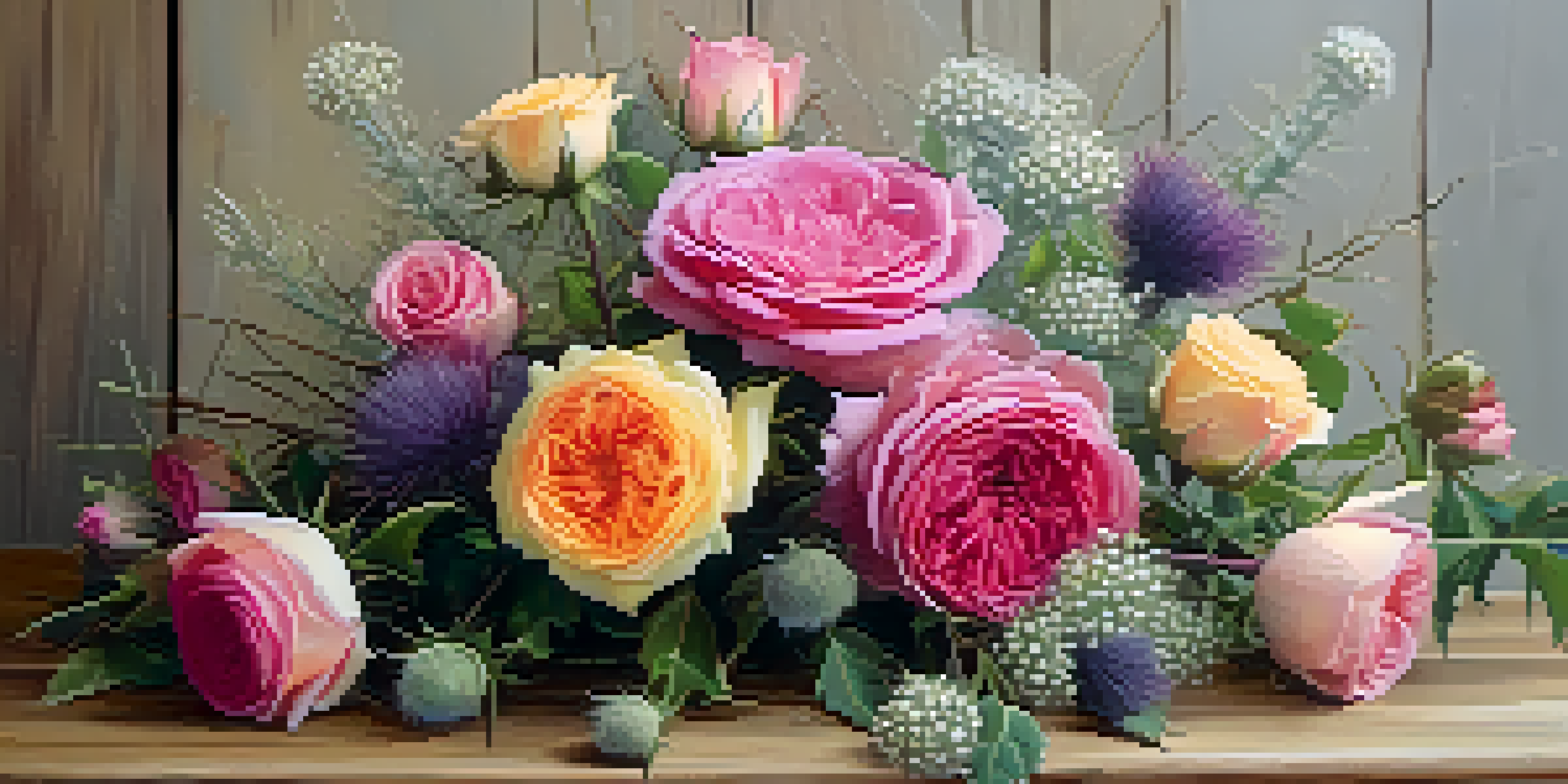 A colorful floral arrangement with roses and thistles on a wooden table, illuminated by soft natural light.