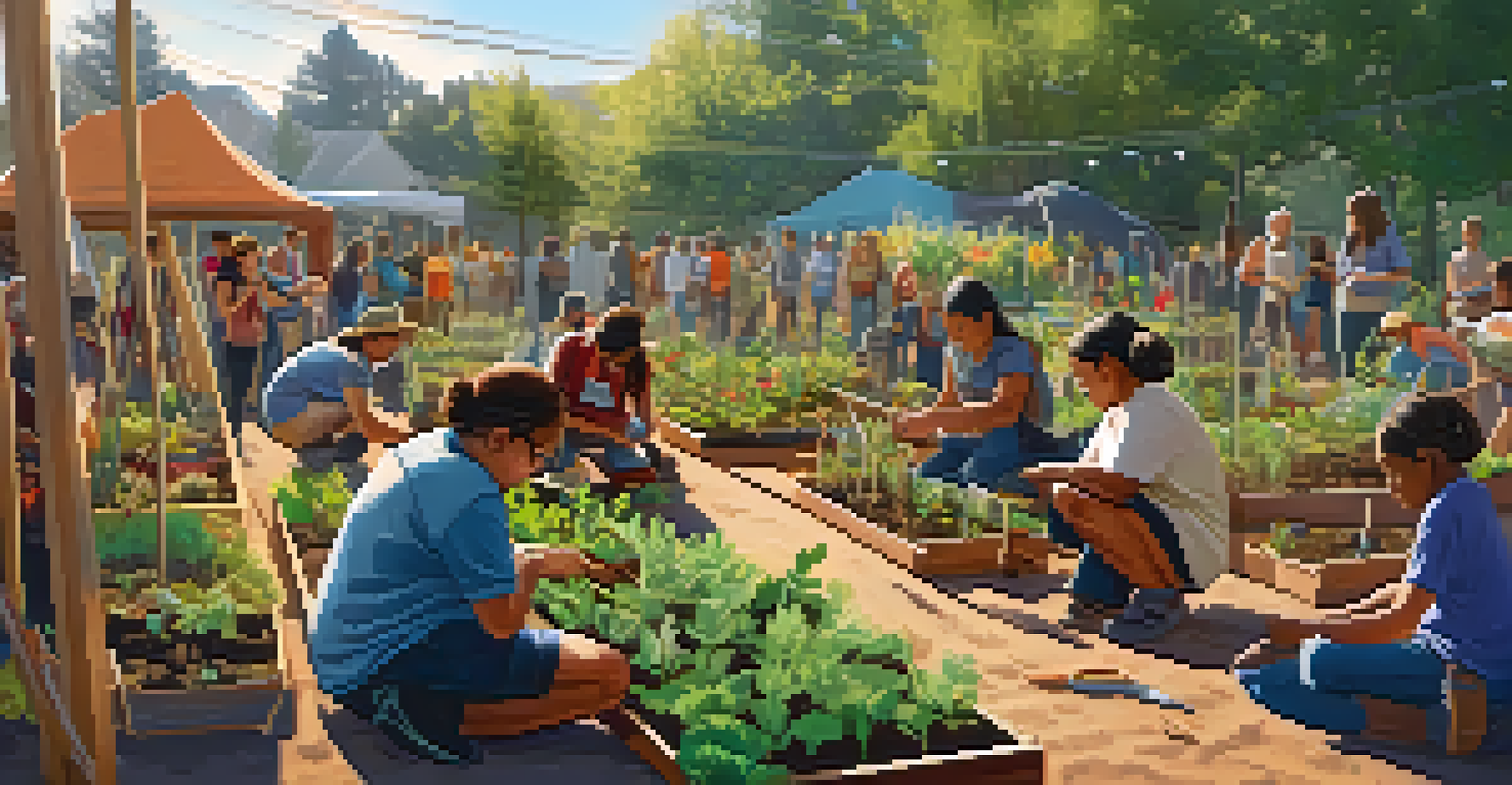 A community garden workshop with local residents planting indigenous plants surrounded by tools and seedlings in a sunny atmosphere.