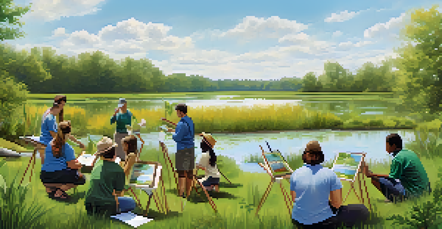 A community group participating in a wetland conservation workshop, planting native plants with a wetland backdrop.