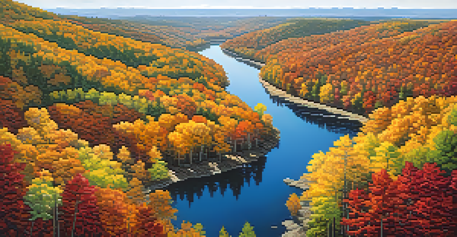An aerial view of an autumn forest with colorful treetops and a winding river.