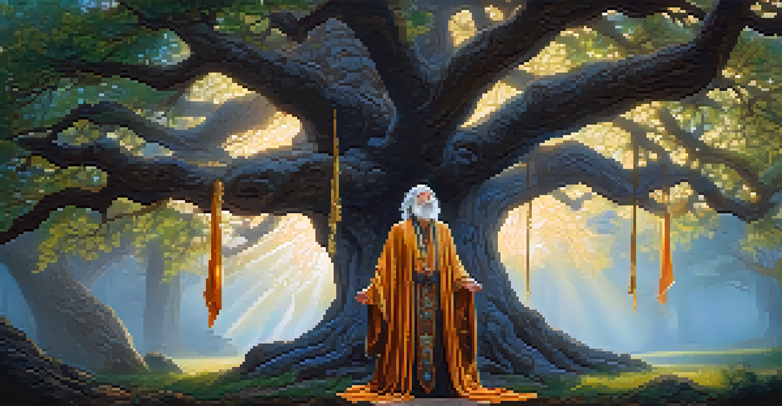 A druid in a robe conducting a ritual under an ancient oak tree, surrounded by glowing lights and mist.