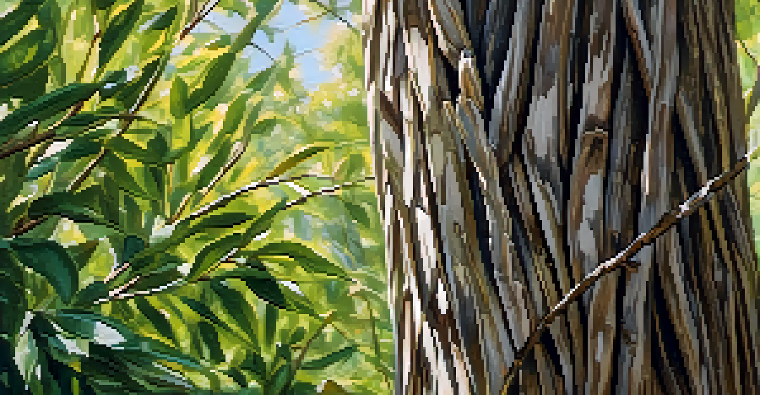 A close-up view of a willow bark tree highlighting its textured bark and surrounding green leaves.