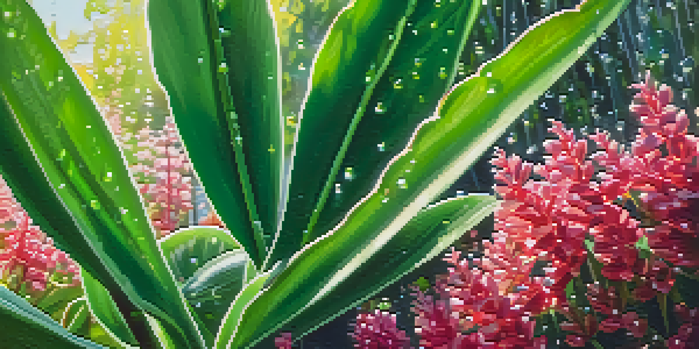 A close-up of a green plant with water droplets, surrounded by colorful flowers in a garden, illuminated by soft sunlight.