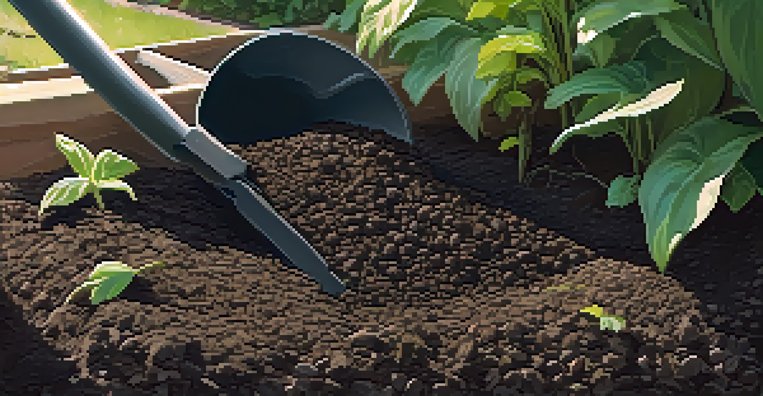 Healthy soil mixed with compost in a garden bed, illuminated by dappled sunlight and small gardening tools nearby.