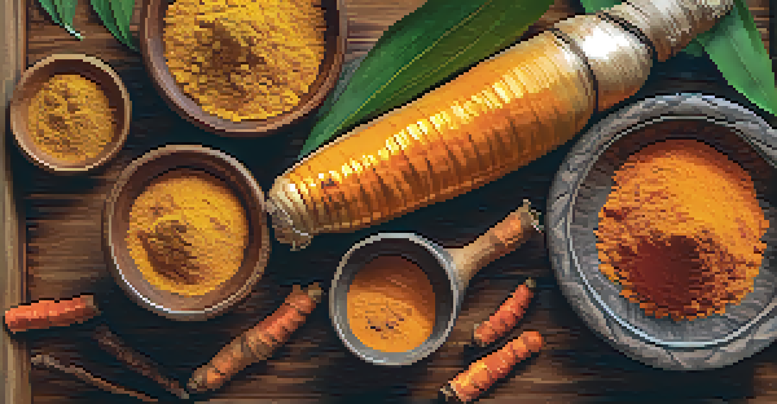 A close-up of turmeric root and leaves, with wooden bowls of herbal mixtures, showcasing the vibrant orange color and textures in warm lighting.