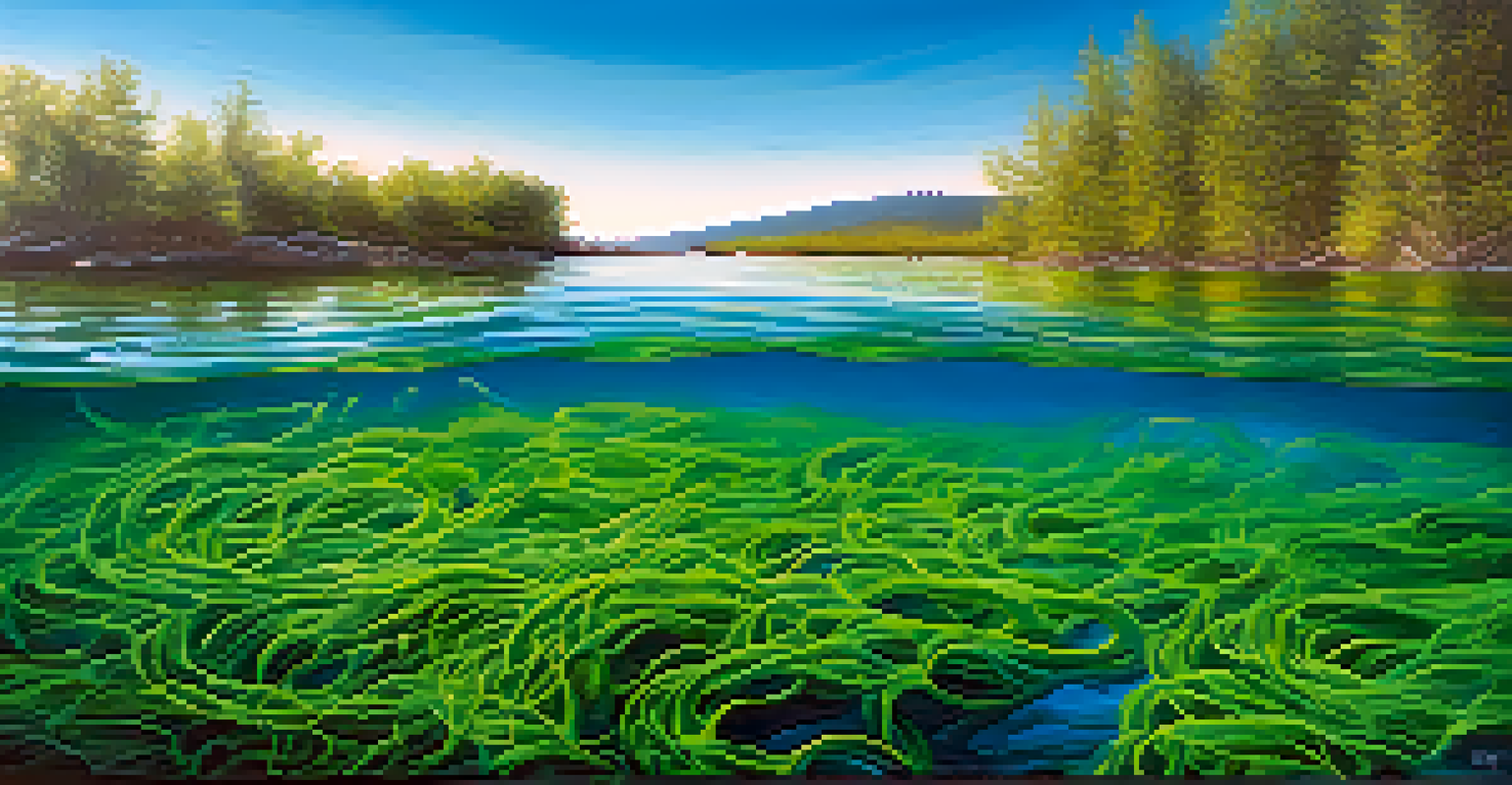 A vivid underwater scene featuring swirling green algae in clear blue water, illuminated by sunlight, representing biofuel potential.