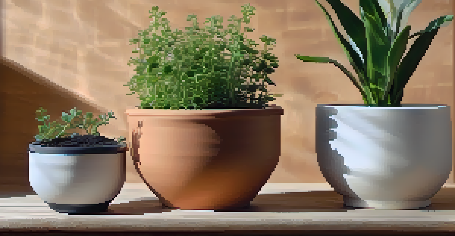 A close-up of clay, ceramic, and plastic pots with young plants, showcasing the different materials and textures.