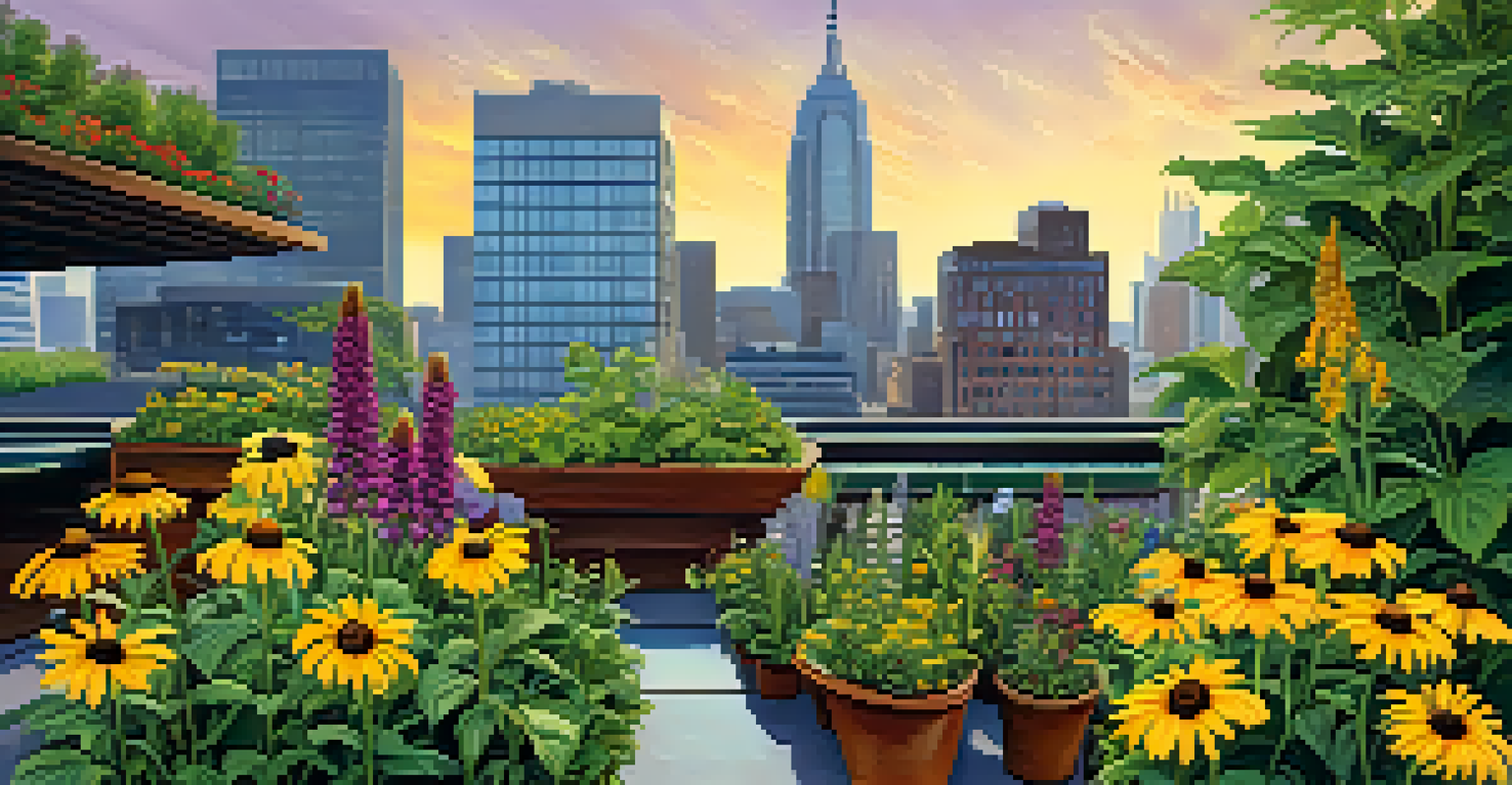 A rooftop garden with native plants and pollinators, set against a city skyline.