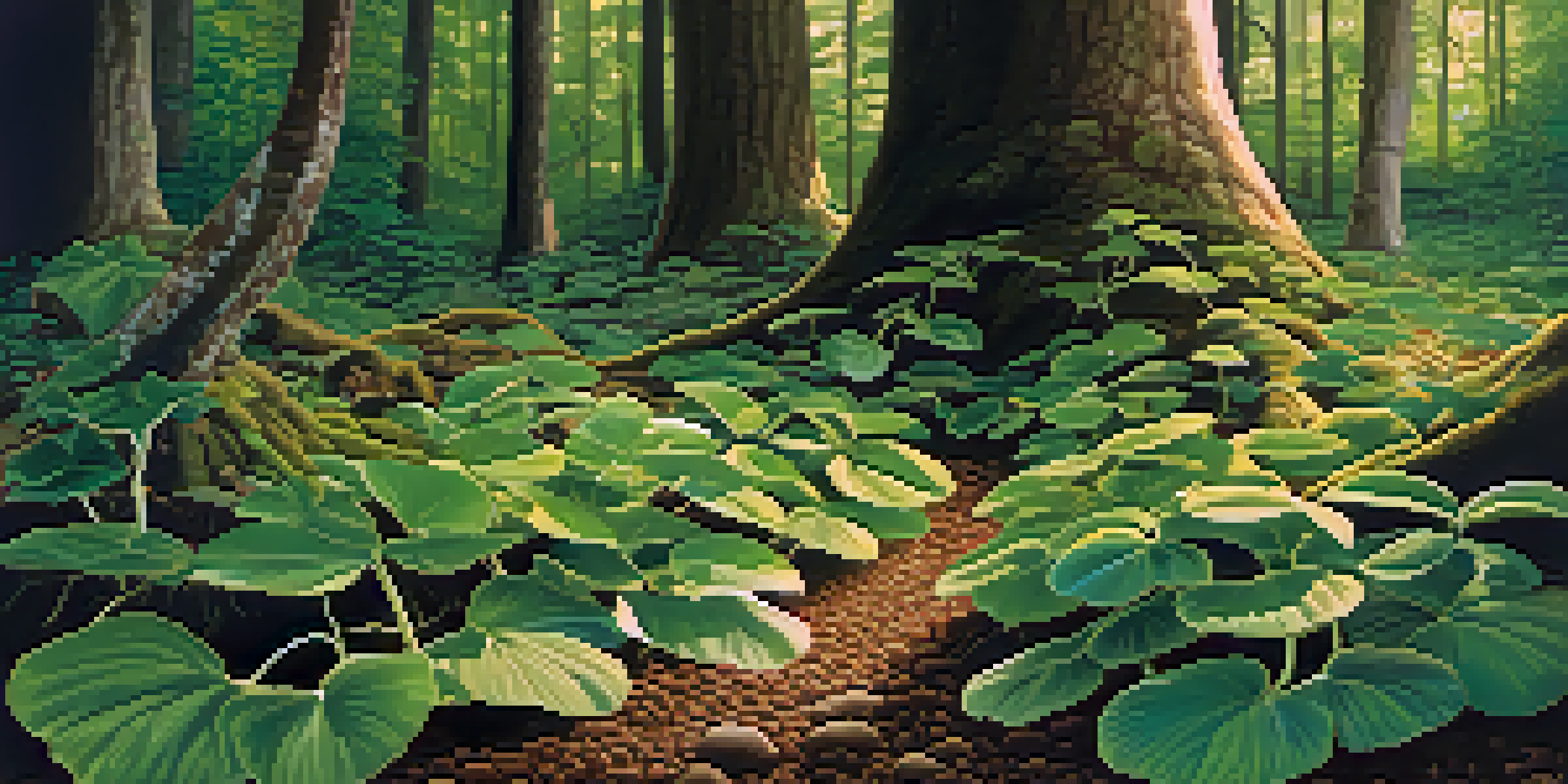 A forest floor with various plants and fungi, sunlight filtering through the trees, showcasing nature's symbiotic relationships.