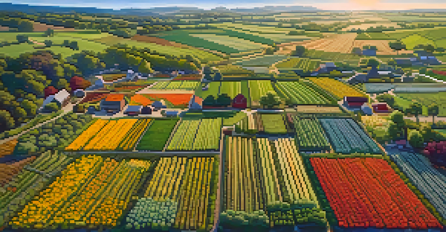 An aerial view of a colorful organic farm with diverse crops and natural habitats, under a clear blue sky.