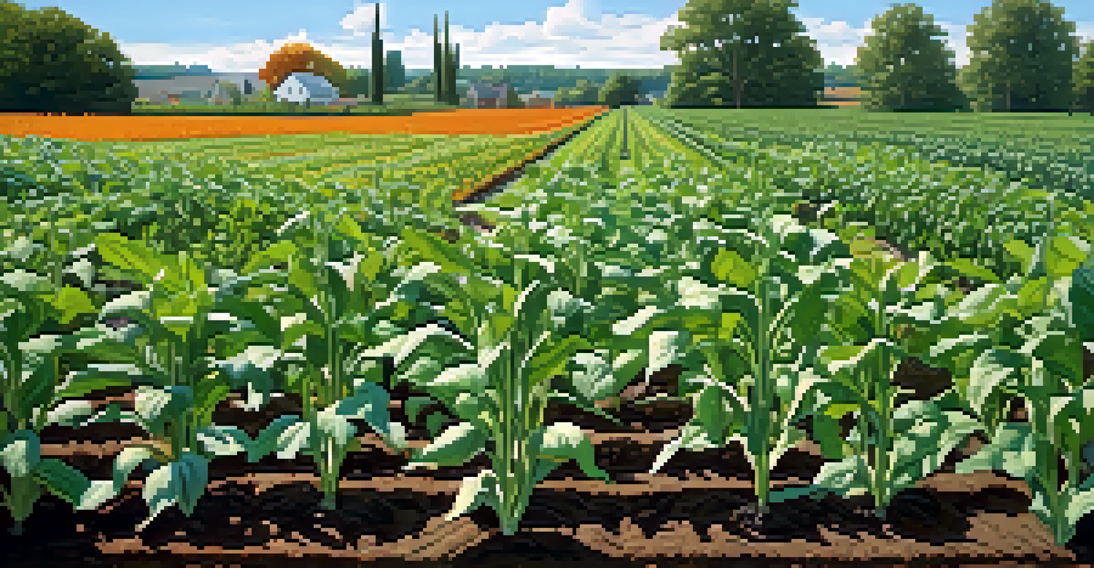 A close-up of a garden bed with corn, beans, and squash growing together, demonstrating the 'Three Sisters' planting method.