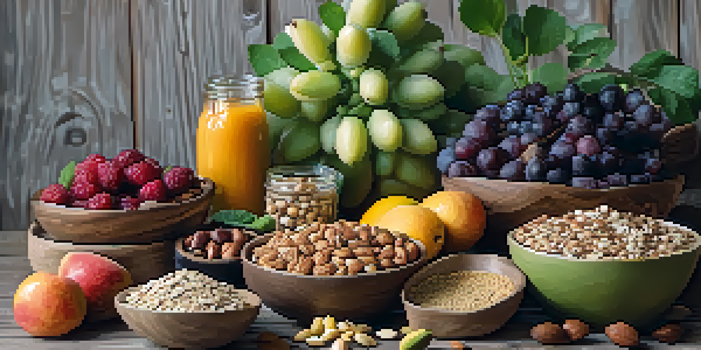 An arrangement of various healthy plant-based snacks on a wooden table, including fruits, nuts, and energy balls, illuminated by soft natural light.